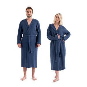 Unisex Kapşonlu 4 Kat Müslin Bornoz - Lacivert 2XL