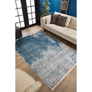 Mavi Salon&yolluk Dijital Baskılı Makinede Yıkanabilir Kaymaz Taban Saçaklı Halı Ha373 120x180 cm