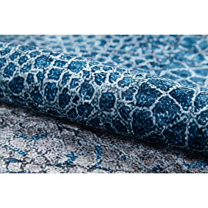 Halı Atölyesi Mavi Salon&yolluk Dijital Baskılı Makinede Yıkanabilir Kaymaz Taban Saçaklı Halı Ha373