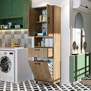 Roomart Çamaşır Sepetli Banyo Dolabı, Çok Amaçlı Çekmeceli Dolap 60 X 200 Cm