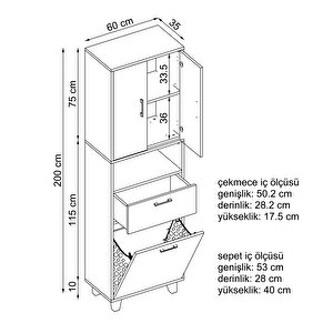 Çamaşır Sepetli Banyo Dolabı, Çok Amaçlı Çekmeceli Dolap 60 X 200 Cm Atlantik Çam Antrasit