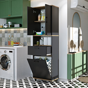 Roomart Çamaşır Sepetli Banyo Dolabı, Çok Amaçlı Çekmeceli Dolap 60 X 200 Cm