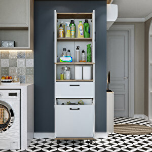 Roomart Çamaşır Sepetli Banyo Dolabı, Çok Amaçlı Çekmeceli Dolap 60 X 200 Cm