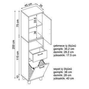 Çamaşır Sepetli Banyo Dolabı, Çok Amaçlı Çekmeceli Dolap 45 X 200 Cm Atlantik Çam - Beyaz