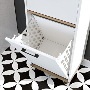 Çamaşır Sepetli Banyo Dolabı, Çok Amaçlı Çekmeceli Dolap 45 X 200 Cm Atlantik Çam - Beyaz