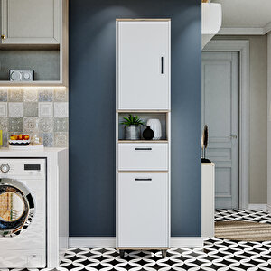 Roomart Çamaşır Sepetli Banyo Dolabı, Çok Amaçlı Çekmeceli Dolap 45 X 200 Cm