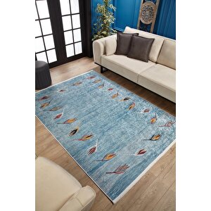 Mavi Salon&yolluk Dijital Baskılı Makinede Yıkanabilir Kaymaz Taban Saçaklı Halı Ha377 80x400 cm