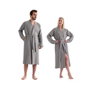 Unisex Kimono 4 Kat Müslin Bornoz Gri L/XL