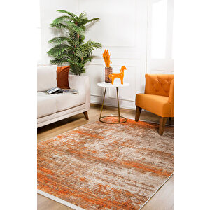 Turuncu Salon&yolluk Dijital Baskılı Makinede Yıkanabilir Kaymaz Taban Saçaklı Halı Ha255 80x500 cm