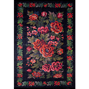 Klasik Siyah Salon&yolluk Dijital Baskılı Makinede Yıkanabilir Kaymaz Taban Saçaklı Halı Hk115 80x150 cm
