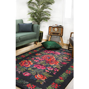 Klasik Siyah Salon&yolluk Dijital Baskılı Makinede Yıkanabilir Kaymaz Taban Saçaklı Halı Hk115 80x150 cm