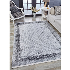 Gri Salon&yolluk Dijital Baskılı Makinede Yıkanabilir Kaymaz Taban Saçaklı Halı Ha469 80x150 cm