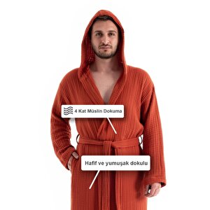 Unisex Kapşonlu 4 Kat Müslin Bornoz - Kiremit