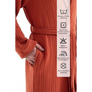 Unisex Kapşonlu 4 Kat Müslin Bornoz - Kiremit