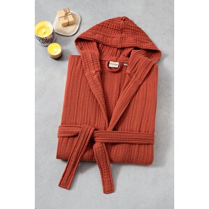 Unisex Kapşonlu 4 Kat Müslin Bornoz - Kiremit