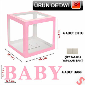 Baby Yazılı Şeffaf Balon Kutusu, 30cm X 4 Adetli Set - Pembe