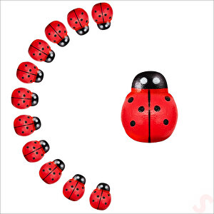 Uğur Böceği Ahşap Sticker, 1,9cm X 1,4cm  X 12 Adet - Kırmızı