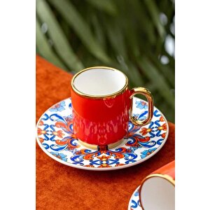 Porselen Las Heras 6 Kişilik Kahve Fincan Takımı Gold Yaldızlı Kırmızı - Kai-06336
