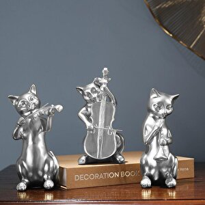 Dekoratif Üçlü Müzisyen Kedi Biblo Masa Süsü Ev Dekor Gümüş