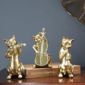 Dekoratif Üçlü Müzisyen Kedi Biblo Masa Süsü Ev Dekor Altın