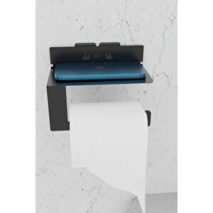 Metal Siyah Ultra Güçlü Yapışkanlı Telefon Tutacaklı Tuvalet Wc Kağıtlık Mt92s