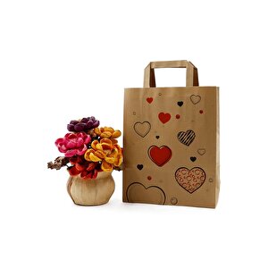 22x10x32 - 25 Adet Düz Saplı Kraft Kalpli Çanta 25 Adet