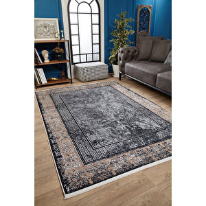 Gri Salon&yolluk Dijital Baskılı Makinede Yıkanabilir Kaymaz Taban Saçaklı Halı Ha409 100x400 cm