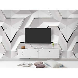 3 Boyutlu Beyaz Geometrik Kabartma Görünümlü Duvar Kağıdı Baskı 375x300 cm