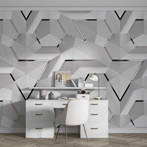 3 Boyutlu Beyaz Geometrik Kabartma Görünümlü Duvar Kağıdı Baskı
