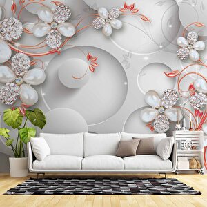 Yuvarlak Üstünde Çiçek Desenli Duvar Kağıdı Baskı 700x300 cm