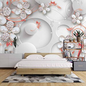 Yuvarlak Üstünde Çiçek Desenli Duvar Kağıdı Baskı 700x300 cm