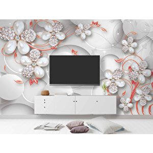 Yuvarlak Üstünde Çiçek Desenli Duvar Kağıdı Baskı 700x300 cm