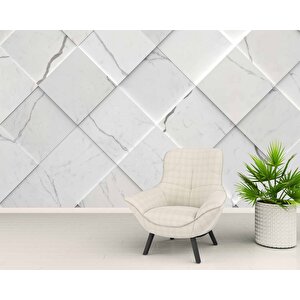 Beyaz Dörtgen Mermer Görünümlü Duvar Kağıdı Baskı