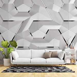 3 Boyutlu Beyaz Geometrik Kabartma Görünümlü Duvar Kağıdı Baskı 100x100 cm