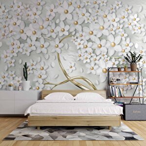 3 Boyutlu Beyaz Papatya Duvar Kağıdı 800x300 cm