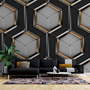 3 Boyutlu Siyah Gold Petek Duvar Kağıdı Baskı 700x315 cm