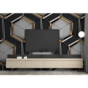 3 Boyutlu Siyah Gold Petek Duvar Kağıdı Baskı 150x315 cm