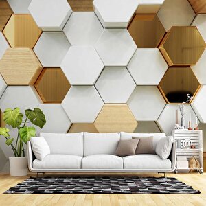 3 Boyutlu Beyaz, Gold, Ahşap Altıgen Geometri Duvar Kağıdı Baskı 225x260 cm