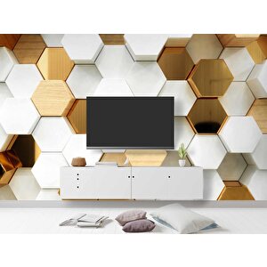3 Boyutlu Beyaz, Gold, Ahşap Altıgen Geometri Duvar Kağıdı Baskı 225x260 cm