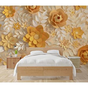 3 Boyutlu Kağıt Sarı Kabartma Çiçek Duvar Kağıdı 900x300 cm