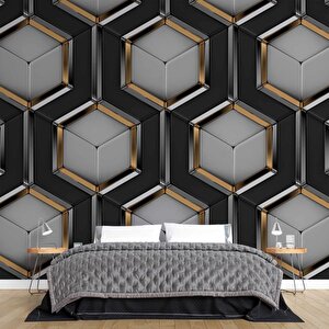 3 Boyutlu Siyah Gold Petek Duvar Kağıdı Baskı 450x315 cm