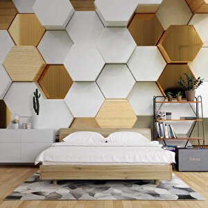 3 Boyutlu Beyaz, Gold, Ahşap Altıgen Geometri Duvar Kağıdı Baskı 525x240 cm