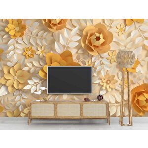 3 Boyutlu Kağıt Sarı Kabartma Çiçek Duvar Kağıdı 500x240 cm