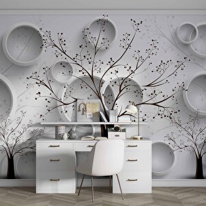3 Boyutlu Ağaç Ve Halka Desenli Beyaz Duvar Kağıdı
