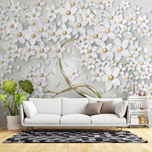 3 Boyutlu Beyaz Papatya Duvar Kağıdı 475x200 cm