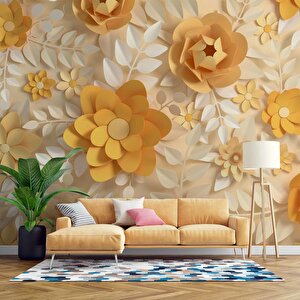 3 Boyutlu Kağıt Sarı Kabartma Çiçek Duvar Kağıdı 550x300 cm