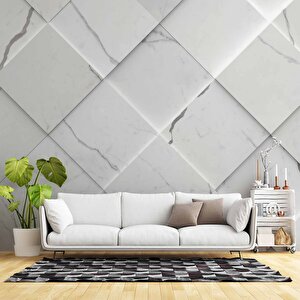 Beyaz Dörtgen Mermer Görünümlü Duvar Kağıdı Baskı 500x260 cm