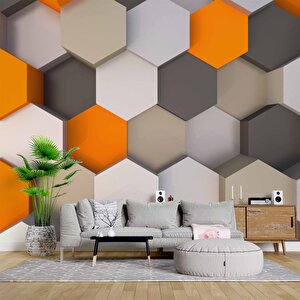 3 Boyutlu Antrasit Turuncu Altıgen Duvar Kağıdı Baskı 100x300 cm