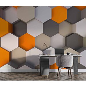 3 Boyutlu Antrasit Turuncu Altıgen Duvar Kağıdı Baskı