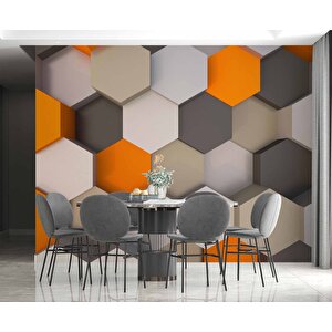 3 Boyutlu Antrasit Turuncu Altıgen Duvar Kağıdı Baskı